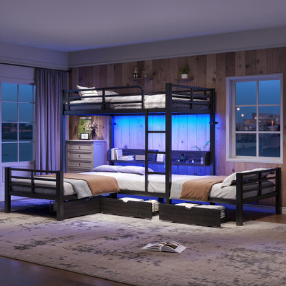 Triple Loft Bed with Storage Shelves and Drawers, Twin over Twin & Twin Loft Bed with Led Lights And Usb Ports, Space-Saving L－Shaped Loft Bed For 3, Black image 5