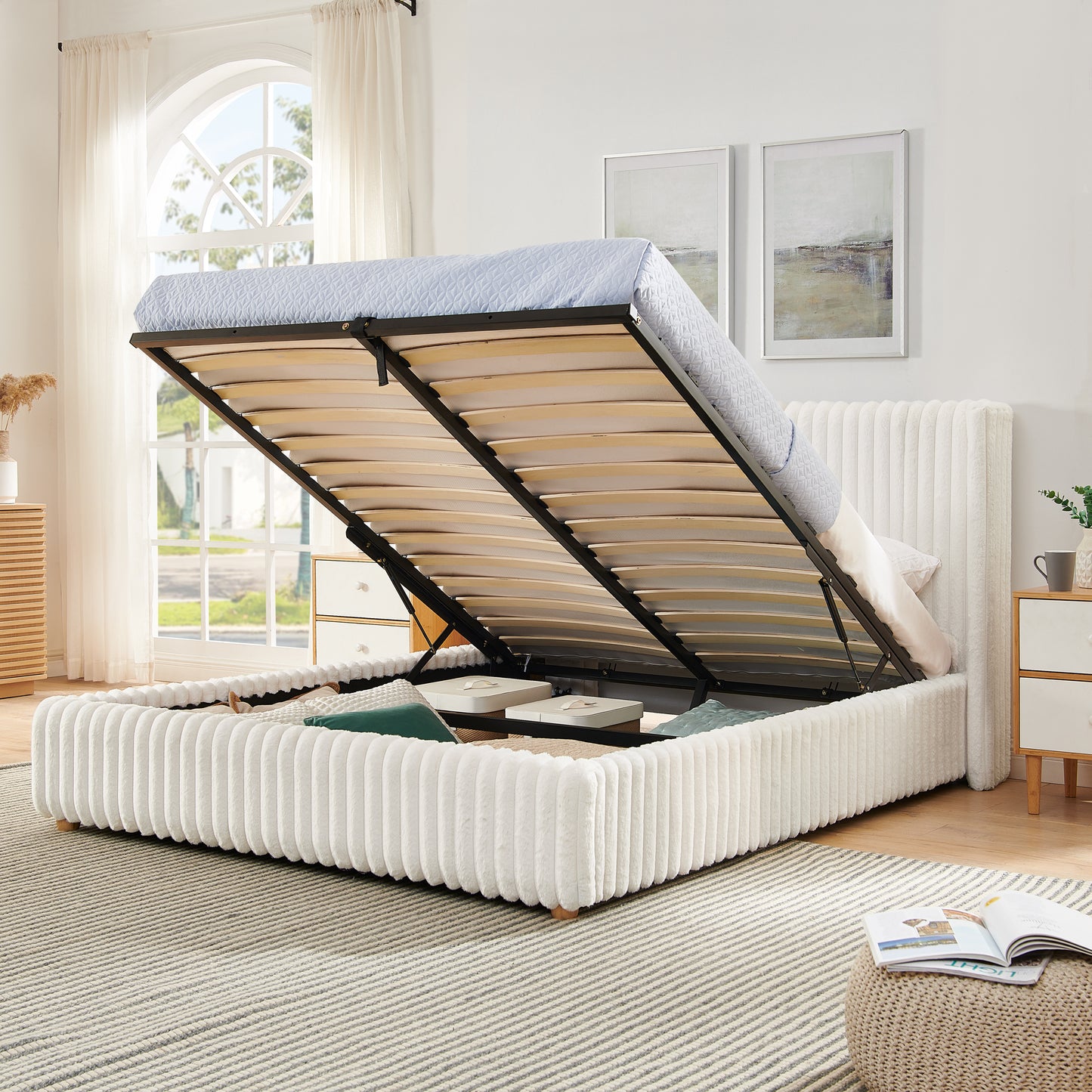 Queen Functional Vertical Striped Bed with Gas Lift Storage, Luxury Fluffy Rabbit Fur Fabric Up-holstered Double Bed image 5