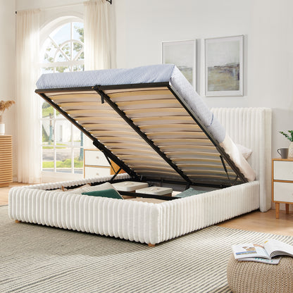 Queen Functional Vertical Striped Bed with Gas Lift Storage, Luxury Fluffy Rabbit Fur Fabric Up-holstered Double Bed image 5