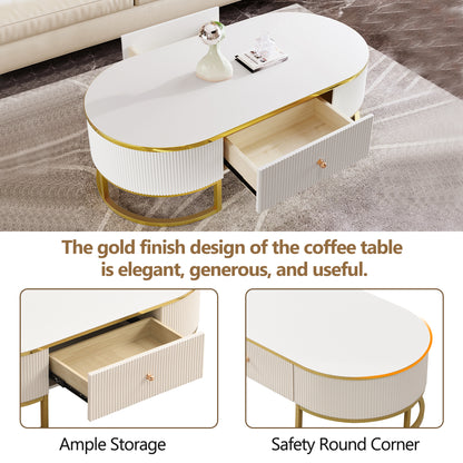 Modern Oval Coffee Table with Drawers,Curved Profile Design, Gold Metal Decor, Center Table for Living Room in 47.2" image 6
