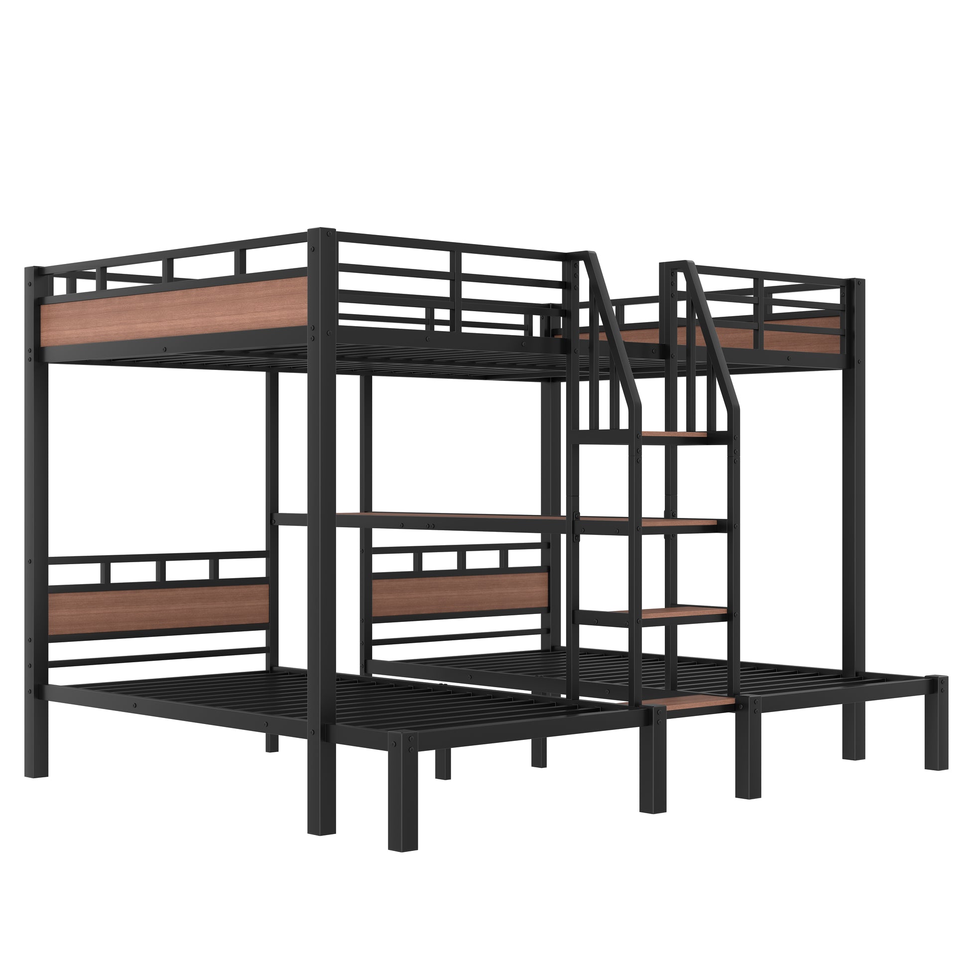 Queen over Twin over Twin Metal Bunk Bed,triple metal bunk bed with Storage shelves and storage stairs,Black image 9