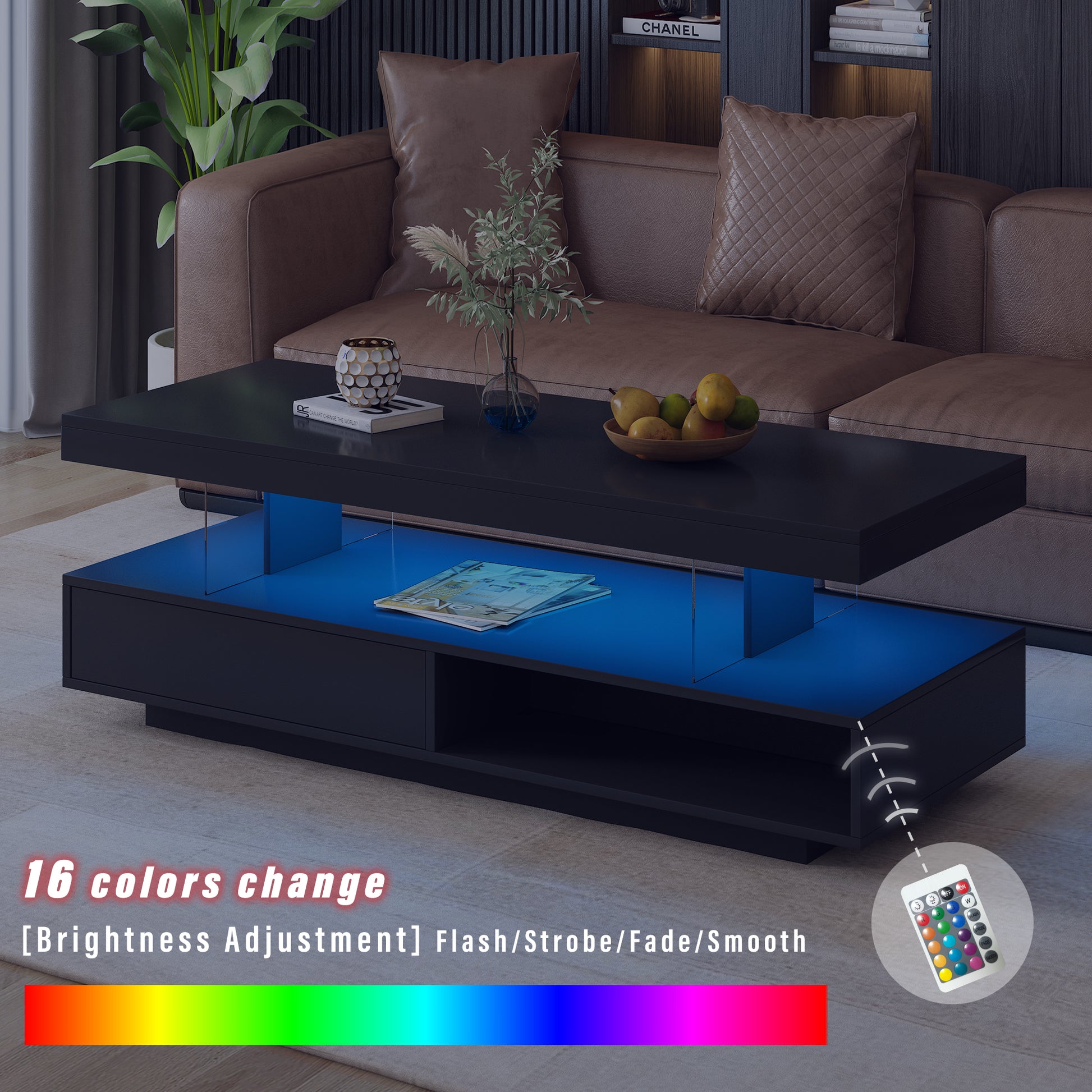 VIBE HAUS LED Coffee Table with Storage, Modern Center Table with 2 Drawers and Display Shelves, Accent Furniture with LED Lights for Living Room,Black image 5
