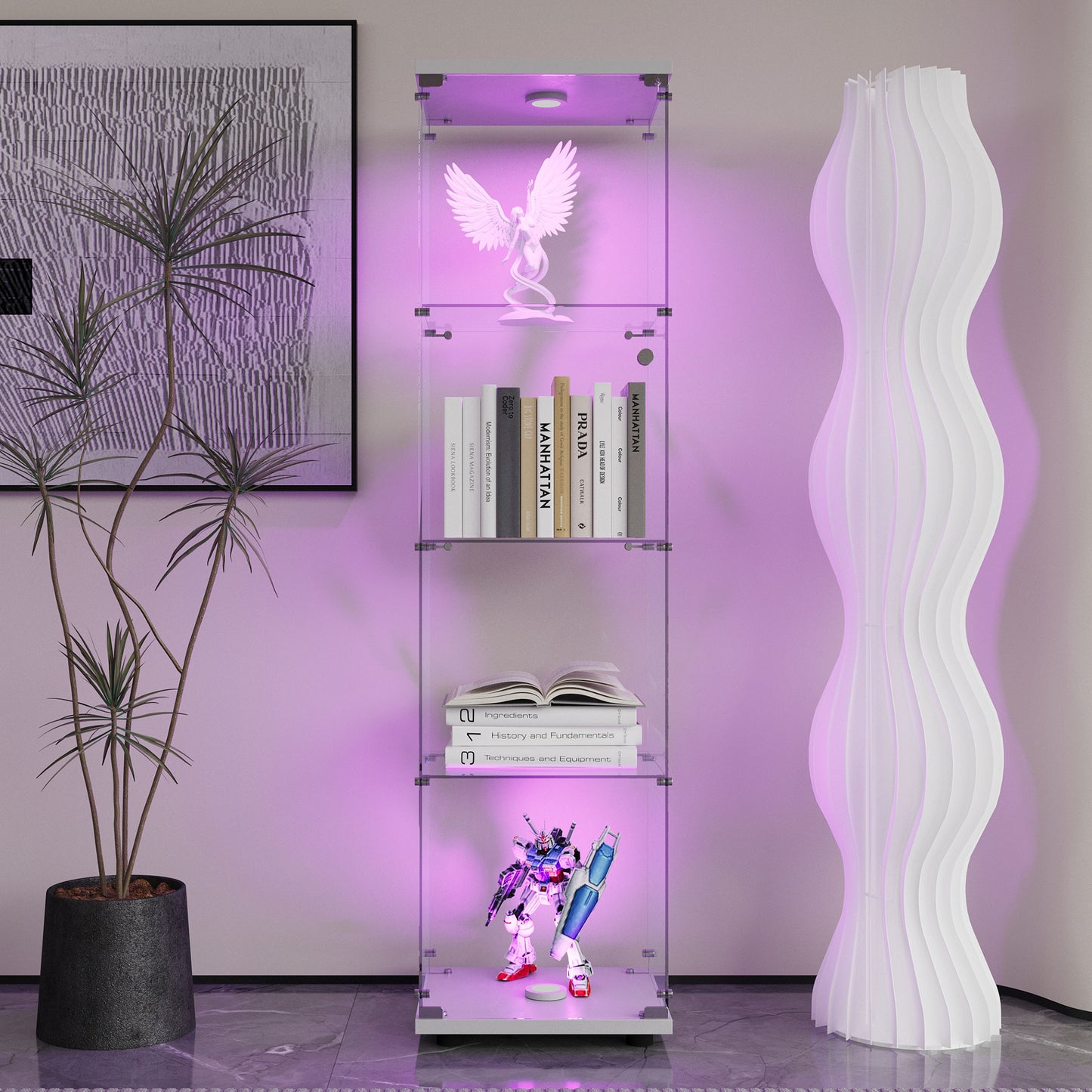 Tempered Glass Display Cabinet,Wine Cabinet,storage Cabinet,File Cabinet,with Battery-powered paipai light,Adjustable Floor Feet,Suitable for uneven ground,Can be placed anywhere,color:white image 4