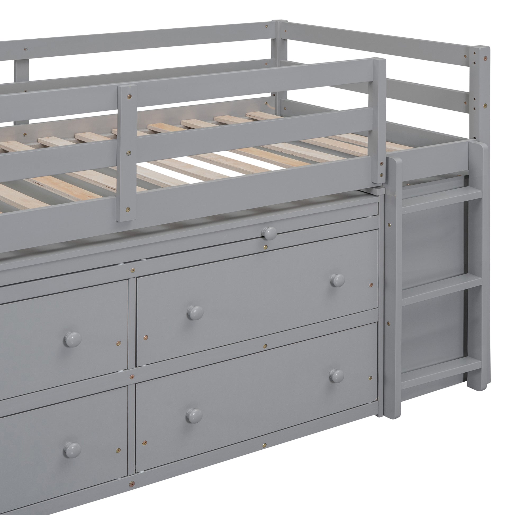 Twin Size Loft Bed with Retractable Writing Desk and 4 Drawers, Wooden Loft Bed with Lateral Portable Desk and Shelves, Gray image 9