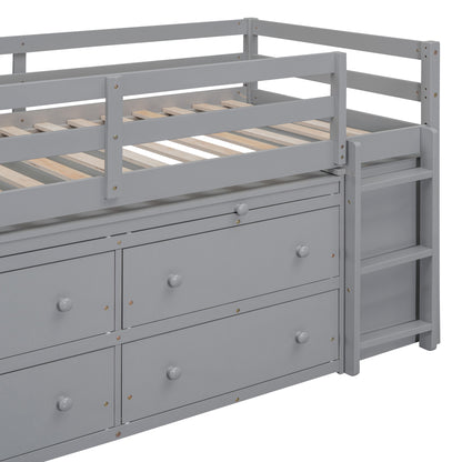 Twin Size Loft Bed with Retractable Writing Desk and 4 Drawers, Wooden Loft Bed with Lateral Portable Desk and Shelves, Gray image 9