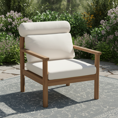 28" Mid-Century Modern Acacia Wood Outdoor Patio Chair, Weather-Resistant Deep Seating Lounge Chair with Bolster Pillow & Thick Cushions, Solid Wood Frame Accent Chair for Backyard, Poolside & Deck image 1