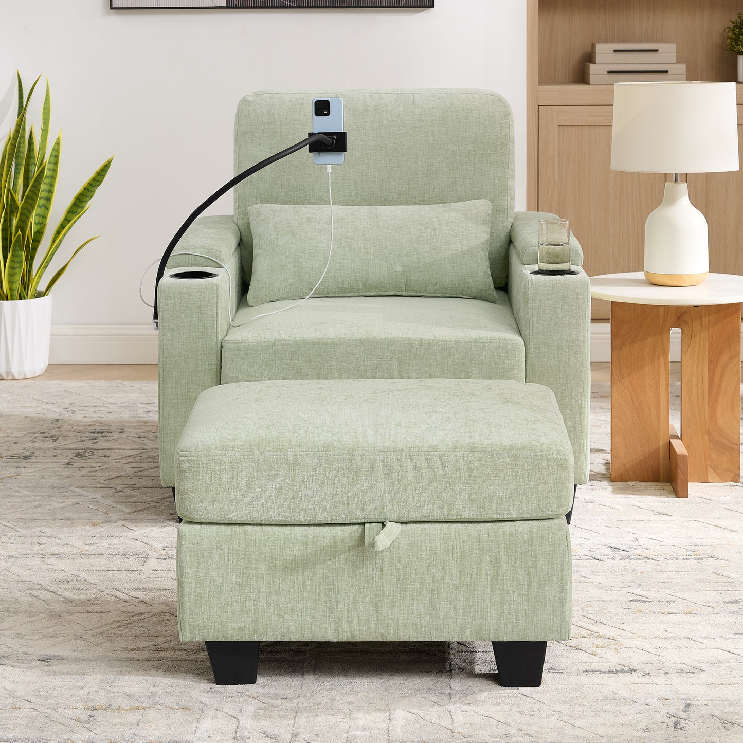 Single sofa recliner with manually adjustable backrest, USB charging port on the armrest side, phone stand included, hidden armrest storage, and a matching storage ottoman-Cyan image 5