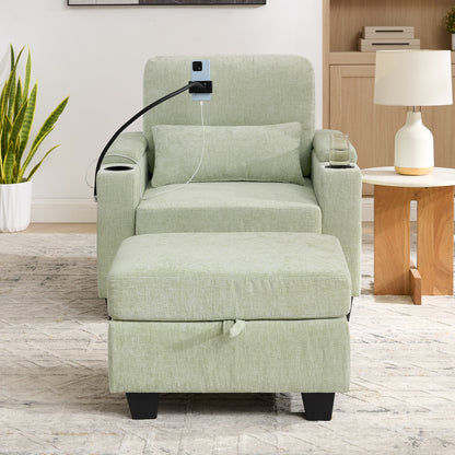 Single sofa recliner with manually adjustable backrest, USB charging port on the armrest side, phone stand included, hidden armrest storage, and a matching storage ottoman-Cyan image 5