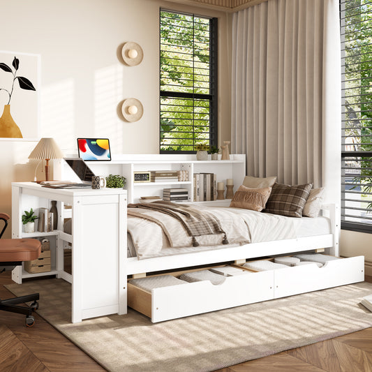 Twin Size Corner Daybed with Storage Drawers & Desk & Charging Port & Bookcase of White Color image 1