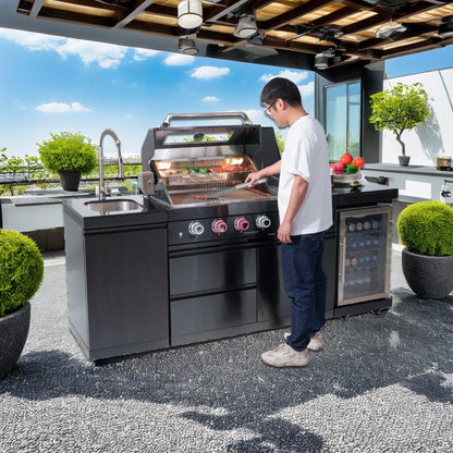 46-Inch 4-Burner 72000 BTU Deluxe Stainless Steel Gas Outdoor Kitchen Bar Barbecue Island Grill + Wine Cooler Compact Refrigerator + Rotisserie kit + Granite Countertops + Stainless steel Sink image 1