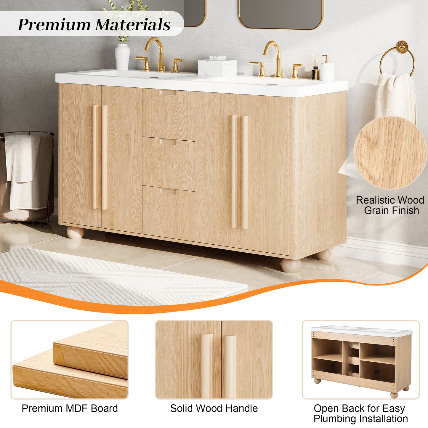 [Cabinet Only] 58.3" Bathroom Vanity Cabinet Only Without Vanity Top, 3 Drawers & 4 Doors, All Soft-Close, Adjustable Shelf, Wood Color image 5