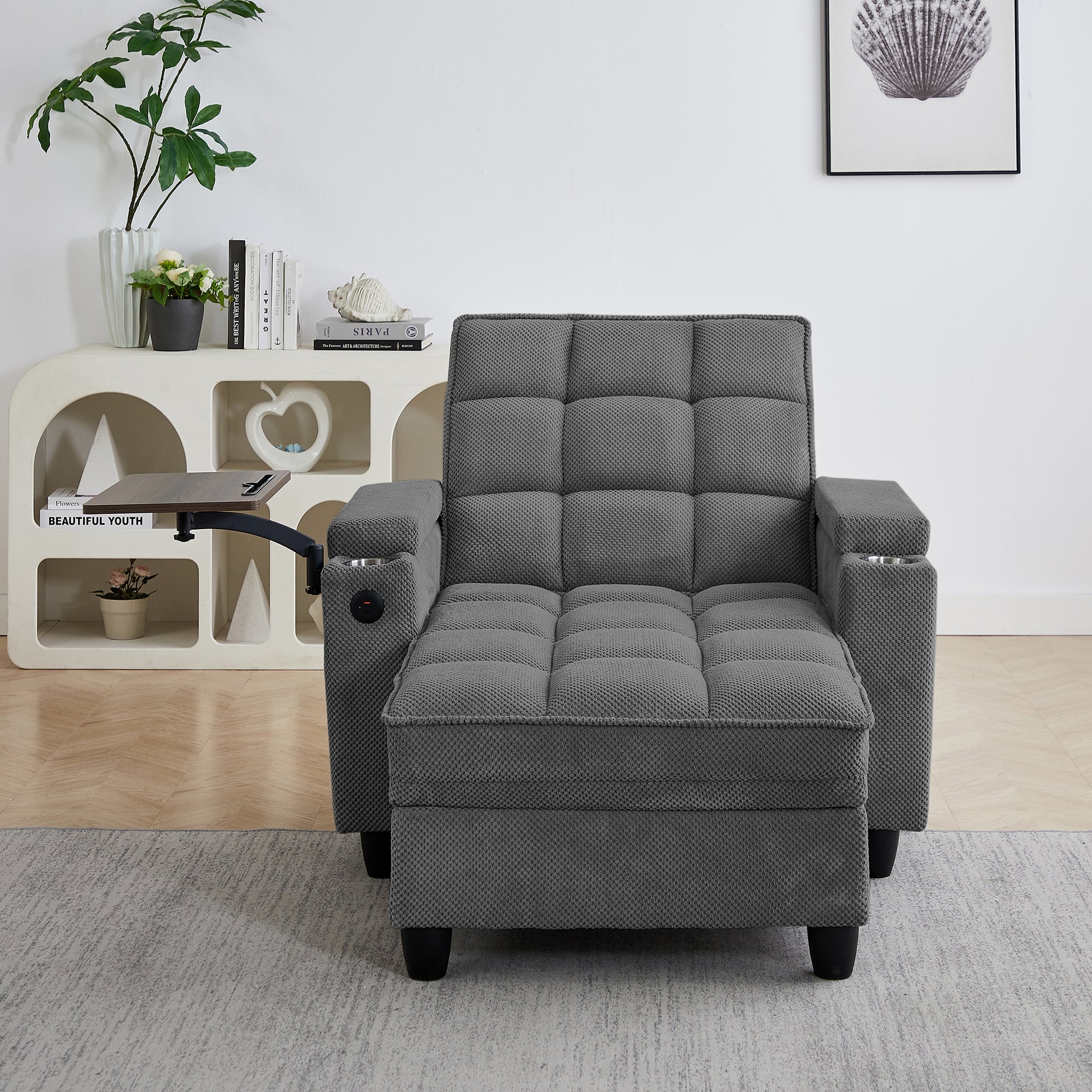 Dark Grey Chaise Lounge Sofa,Sleeper Chair Bed with 6-Position Adjustable Backrest,USB Ports, Cup Holder and Swivel Side Table image 5