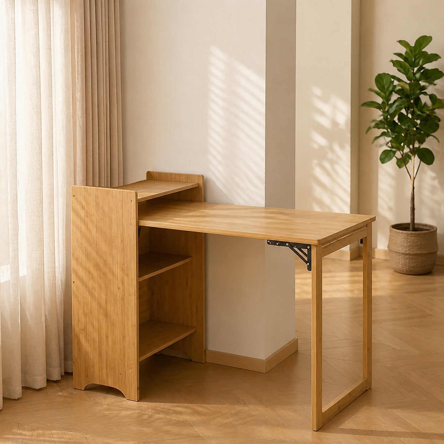 Bamboo Folding Desk, Foldable Desk for Small Space, Computer Desk with Hidden Storage, Mid Century Foldable Table for Home Office and Bedroom (NATURAL WOOD) image 9