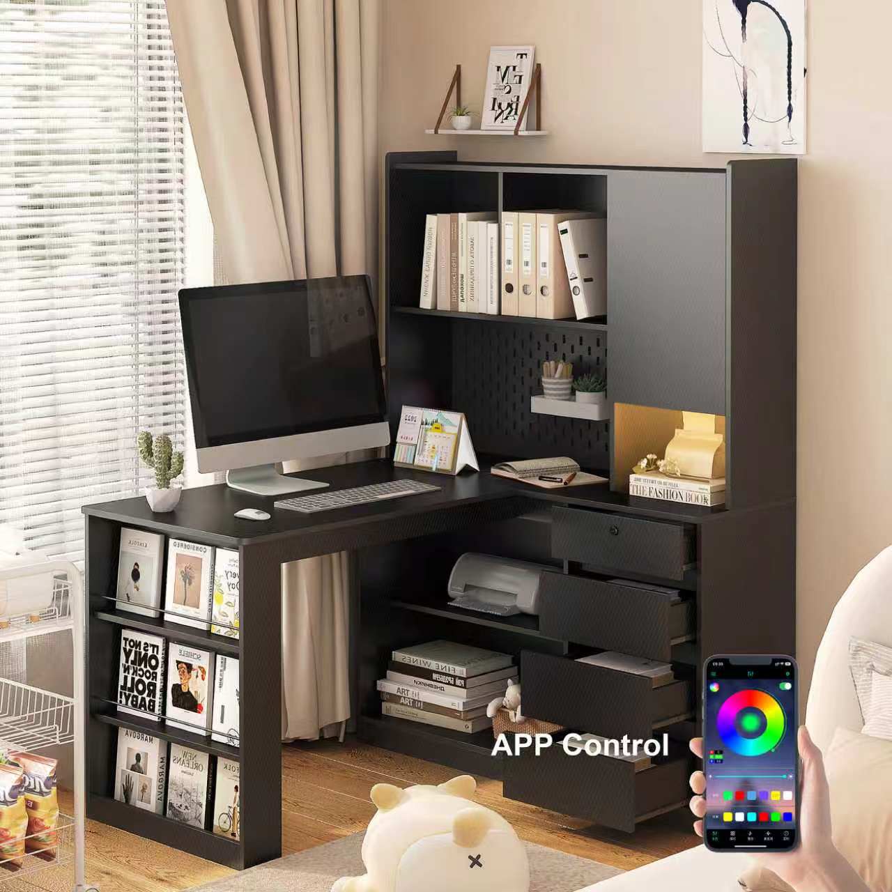 L Shaped Desk with Charger,Computer Desk with Drawers,Bookshelf, with LED Light,Modern Corner Desk,Home Office Desk,L-Shaped Study Table Writing Desk,Corner Gaming Computer Desk with Storage image 4