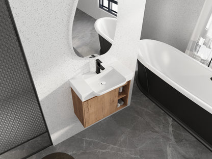 28'' Wall-Mounted Bathroom Vanity with White Ceramic Sink & Soft-Close Door, KD-Packing image 8