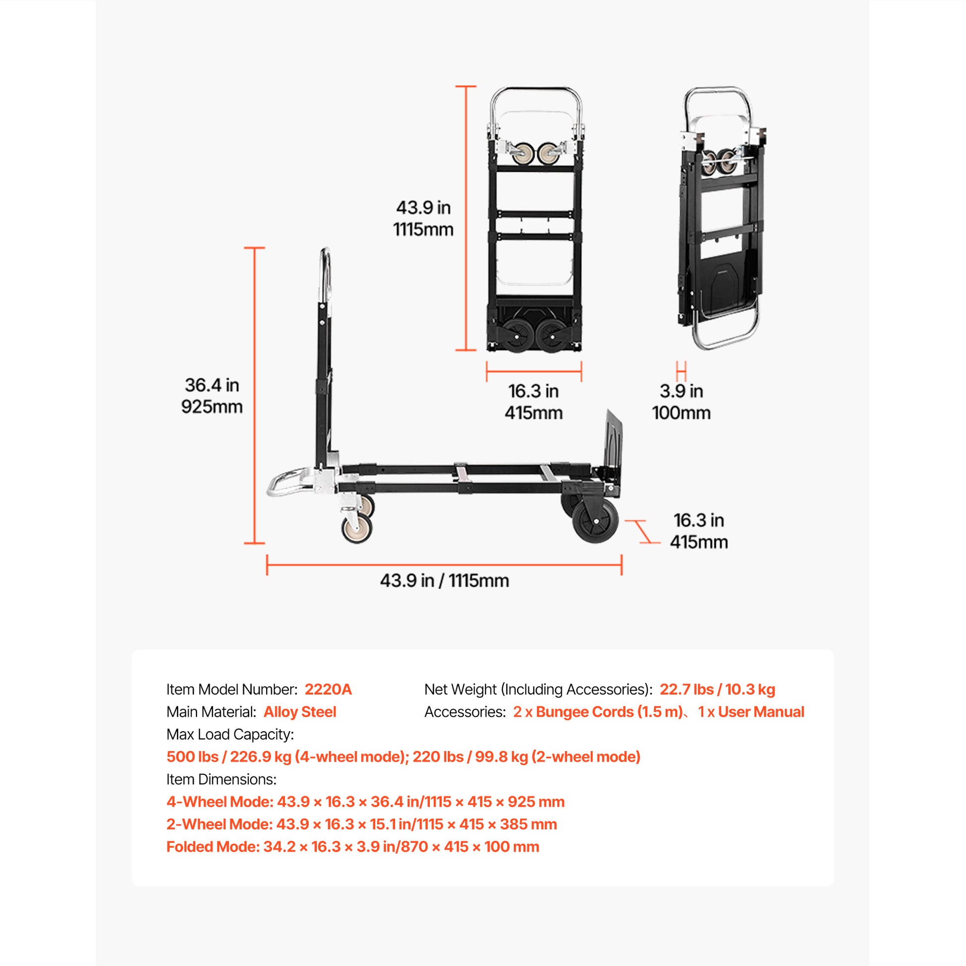 2 in 1 Folding Hand Truck, 500 lbs Load Capacity for 4-Wheel Mode, Convertible Hand Truck Dolly with Wheels & Adjustable Handle, Portable Trolley Dolly for Moving Home, Office, Warehouse image 8