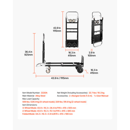2 in 1 Folding Hand Truck, 500 lbs Load Capacity for 4-Wheel Mode, Convertible Hand Truck Dolly with Wheels & Adjustable Handle, Portable Trolley Dolly for Moving Home, Office, Warehouse image 8