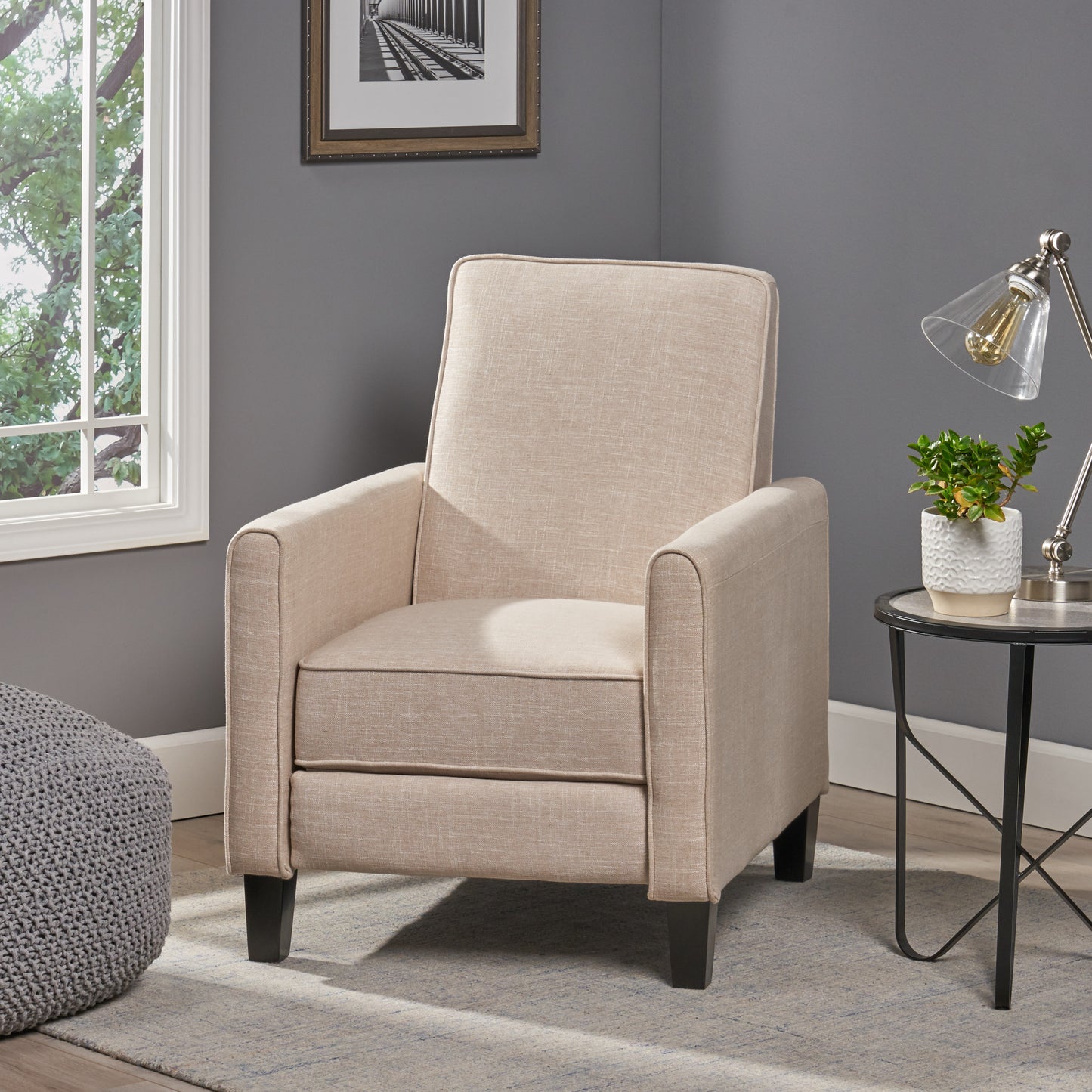 27.5" Push Back Recliner Chair Upholstered Recliner Armchair with Solid Beech Wood Legs for Living Room and Bedroom(Old SKU:52422.00FLBEI), Light Beige image 3