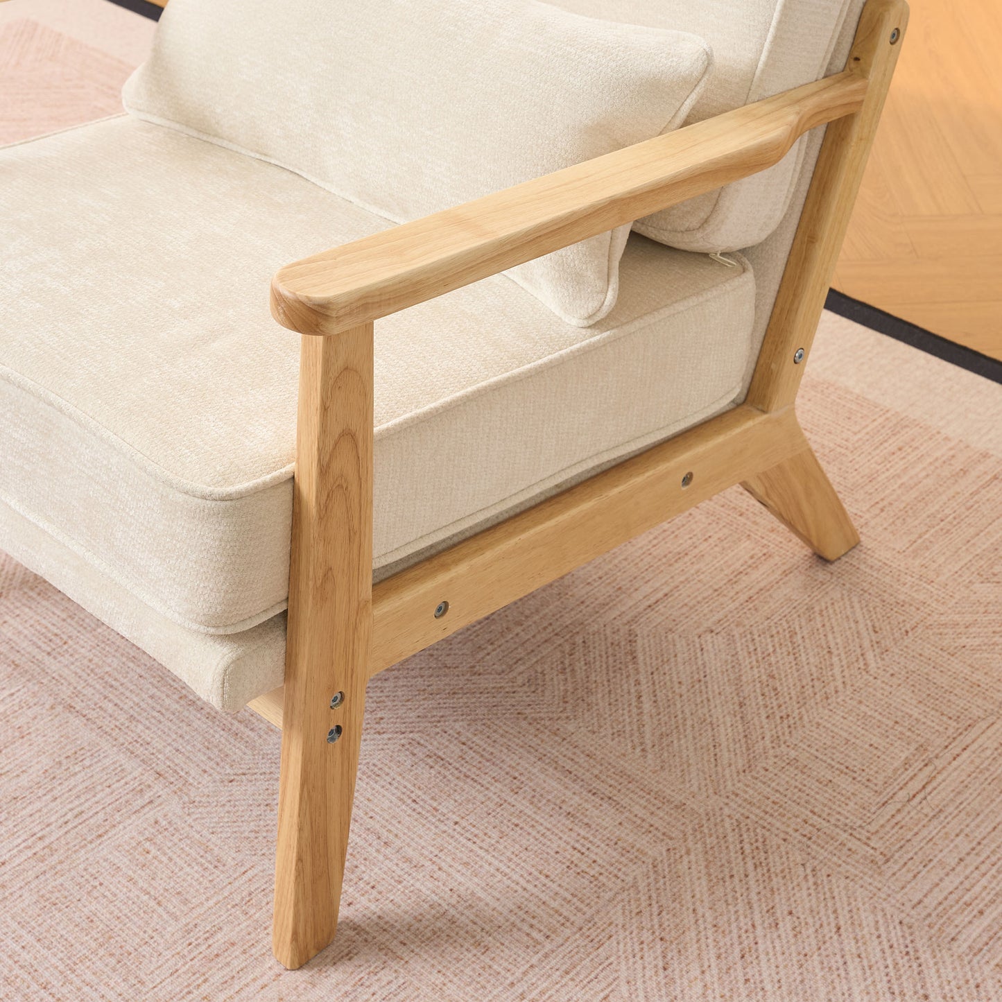 Mid-Century Modern Lounge Chair Single, Living Room Chair with Lumbar Pillow and Straight Wood Armrests, Accent Chair for Living Room, Bedroom, Indoor, Beige image 8