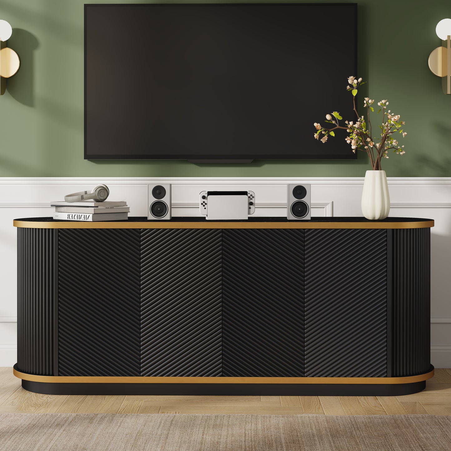 63" Diagonal Fluted Sideboard Cabinet with Storage, 4-Door Buffet Credenza TV Stand with Gold Trim, Black Faux Marble-Top Console Table, Modern Storage Cabinet for Dining Room, Living Room, Black image 3