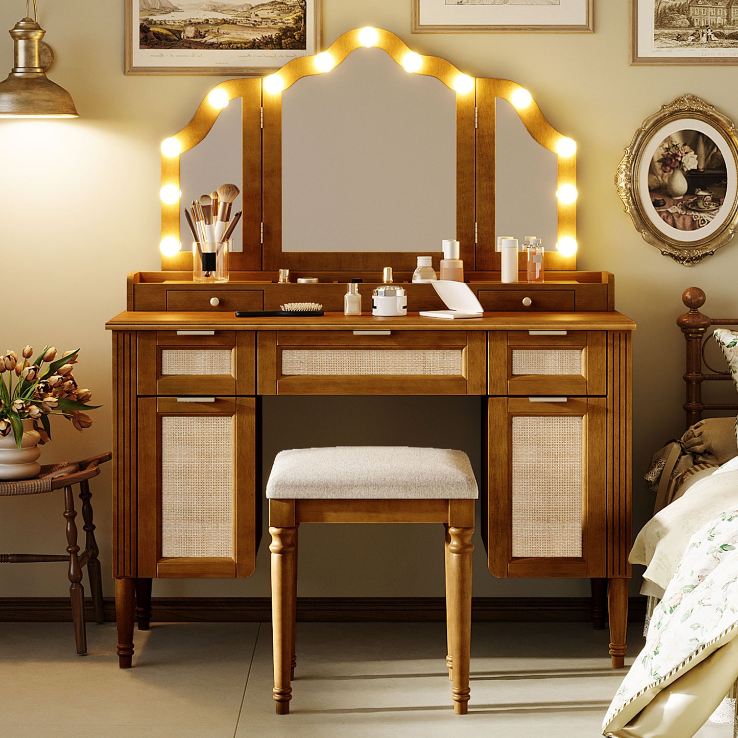 44.37" Makeup Vanity Desk with Stool Set, 13 Hollywood Bulbs & 3 Lighting Modes Dressing Table, Tri-Fold Mirror Large Vanity Table with Cushioned Stool, Charging Station, Ample Storage, Espresso image 1