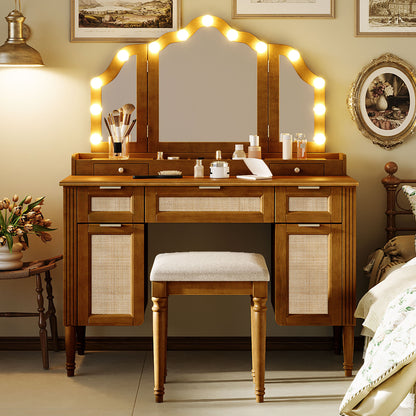 44.37" Makeup Vanity Desk with Stool Set, 13 Hollywood Bulbs & 3 Lighting Modes Dressing Table, Tri-Fold Mirror Large Vanity Table with Cushioned Stool, Charging Station, Ample Storage, Espresso image 1