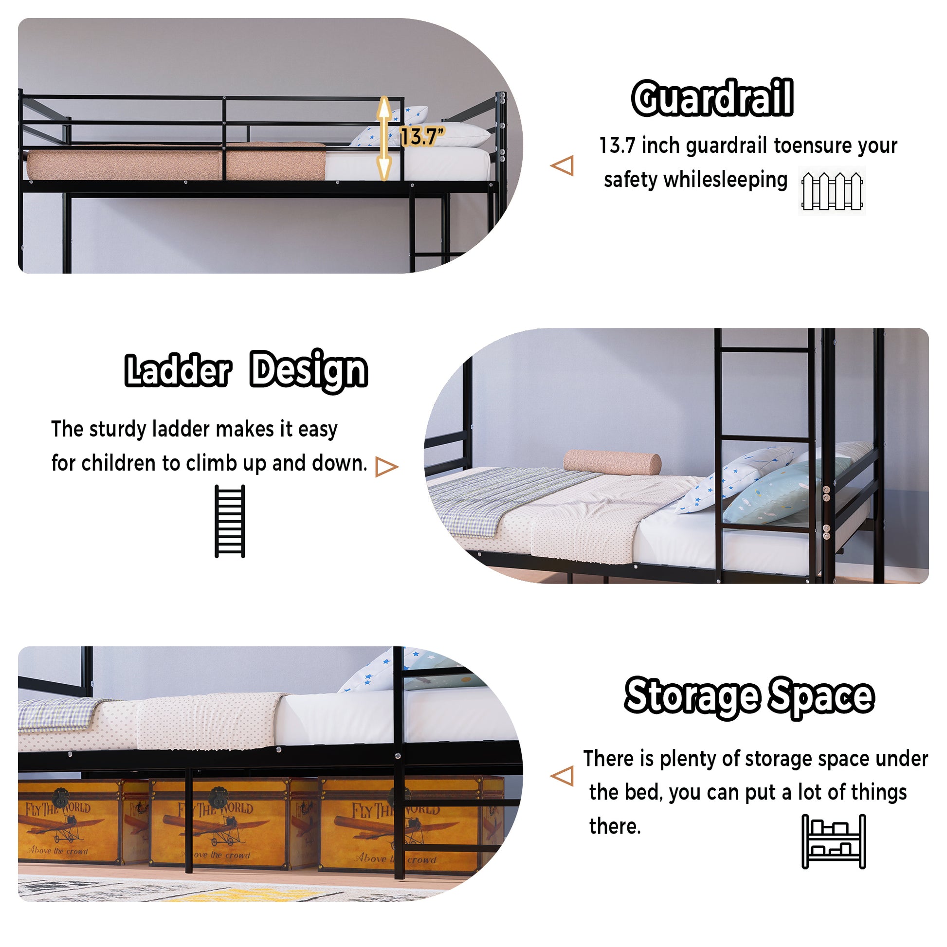 Bunk Bed Twin Over Twin for Kids/Teens/Adults Duty,13.7 inch High Safety Guardrail,One layer with 19 bars and support 600LBS, Sturdy Ladder, Big storage space under the bed,Convertible 2 Beds,Black image 5