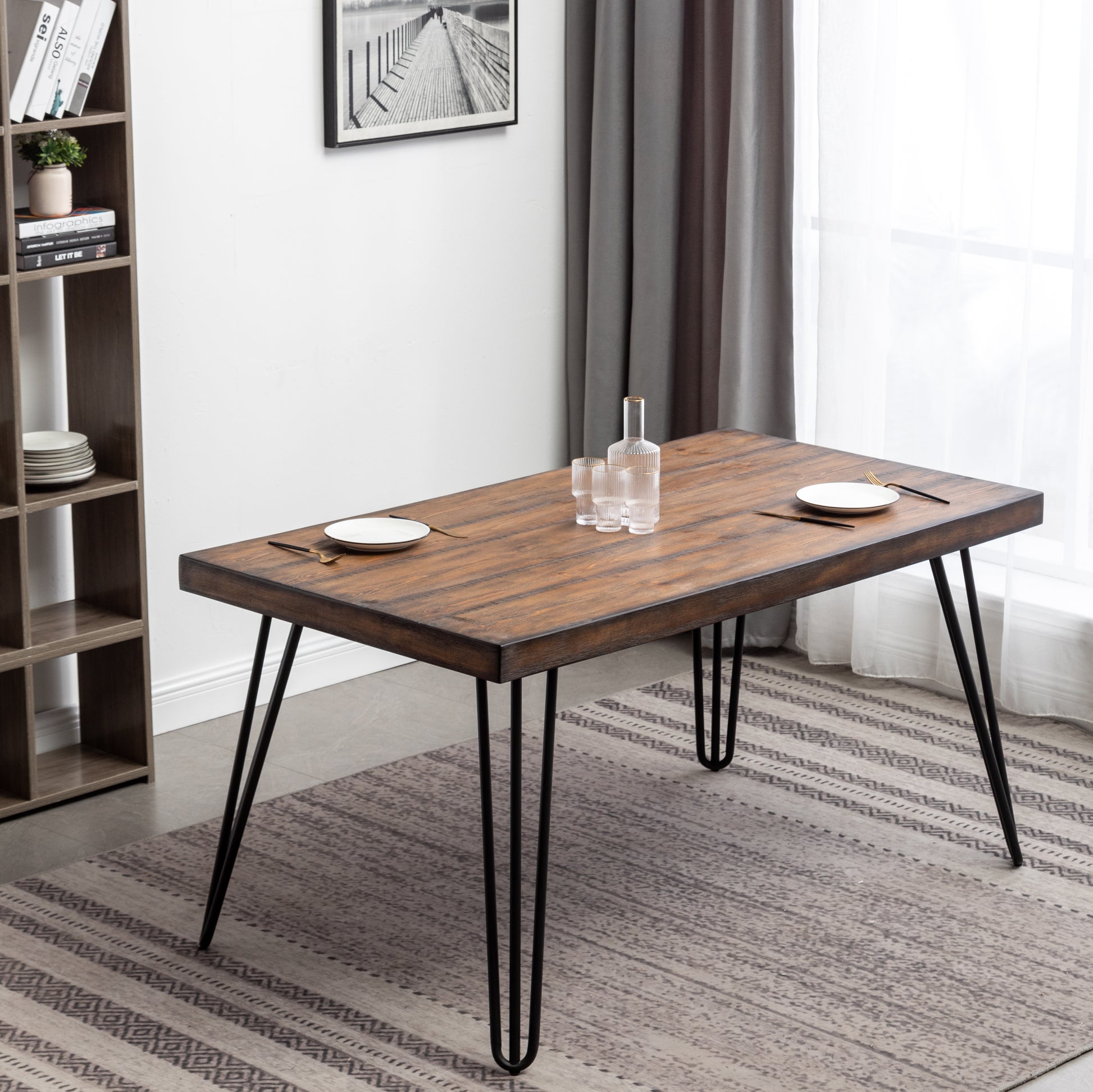 Amisos 6-Piece Dining Set, Hairpin Dining Table with 4 Chairs and a Wood Bench, 3 Color Options image 5