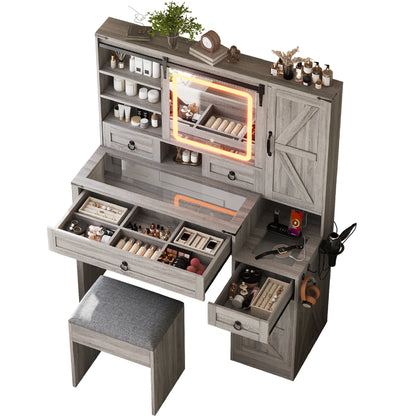 Farmhouse Vanity Desk with Sliding Mirror and Lights, Vanity Set with Glass Top and Charging Station,Dressing Table with 4 Drawers and 2 Cabinets, Dressing Table with Stool for Bedroom, Gray image 5