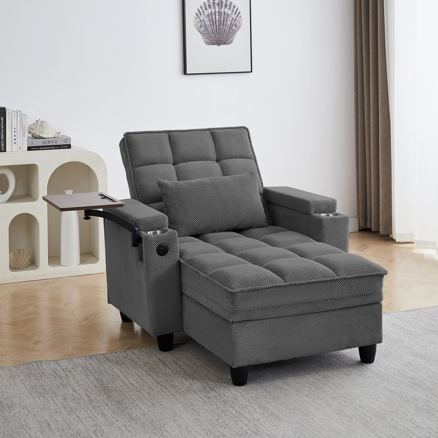 Dark Grey Chaise Lounge Sofa,Sleeper Chair Bed with 6-Position Adjustable Backrest,USB Ports, Cup Holder and Swivel Side Table image 6