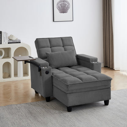 Dark Grey Chaise Lounge Sofa,Sleeper Chair Bed with 6-Position Adjustable Backrest,USB Ports, Cup Holder and Swivel Side Table image 6