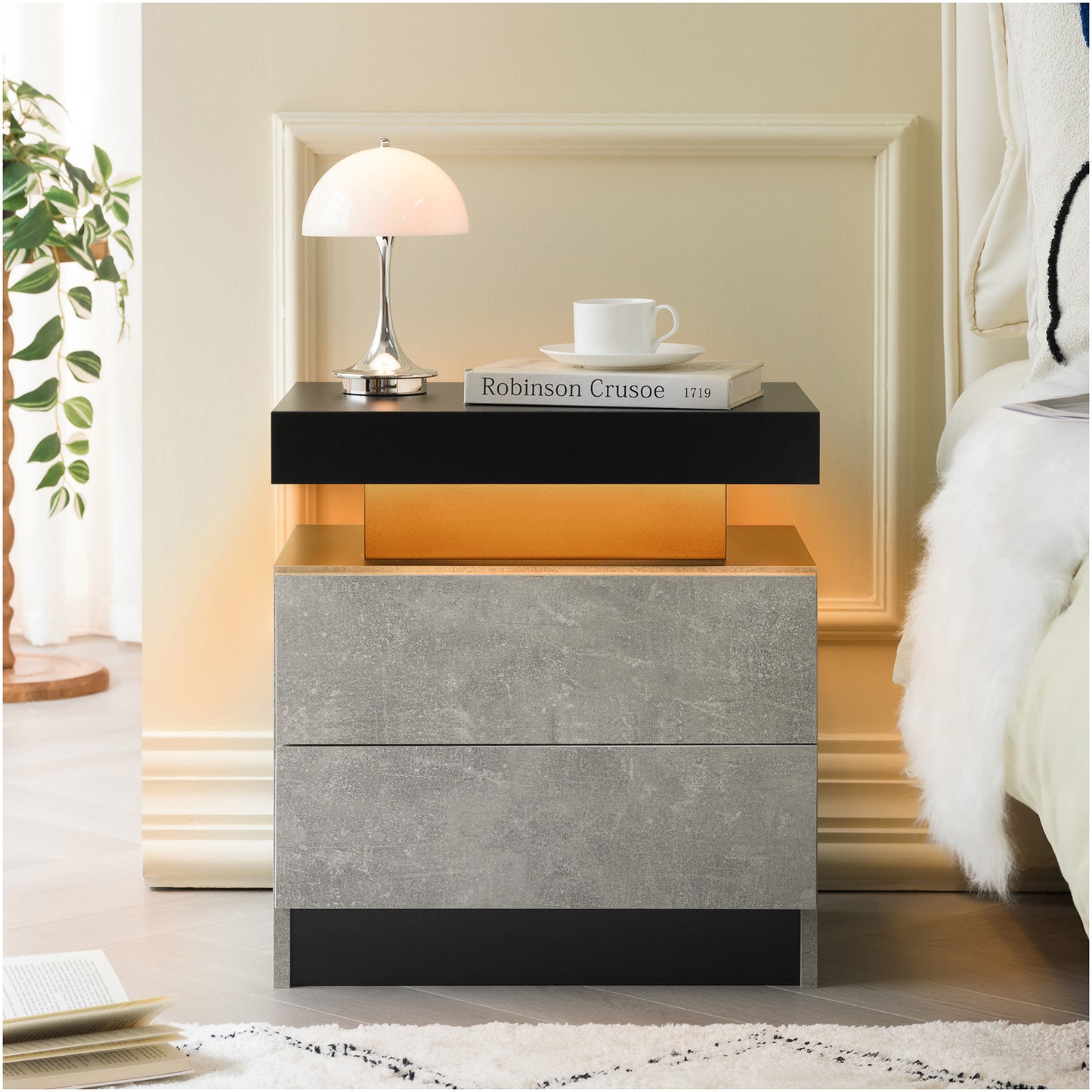 Nightstand LED Bedside Table Cabinet Lights Modern End Side with 2 Drawers for Bedroom (Black+Gray) image 1