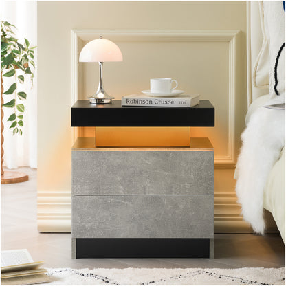 Nightstand LED Bedside Table Cabinet Lights Modern End Side with 2 Drawers for Bedroom (Black+Gray) image 1