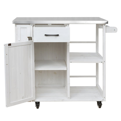 Outdoor Kitchen Island Fir Wood Prep Station Lockable Kitchen Cart with Stainless Top, Ample Storage Space, Towel and Spice Racks for Patio and Outdoor, White image 11