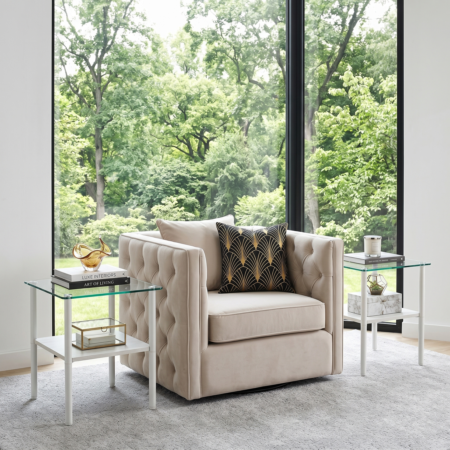 2-piece Modern Rectangular Glass Side Table, Tempered Glass Tabletop, MDF Storage Shelf & Metal Legs, Minimalist Sofa Side Table for Living Room & Bedroom image 2