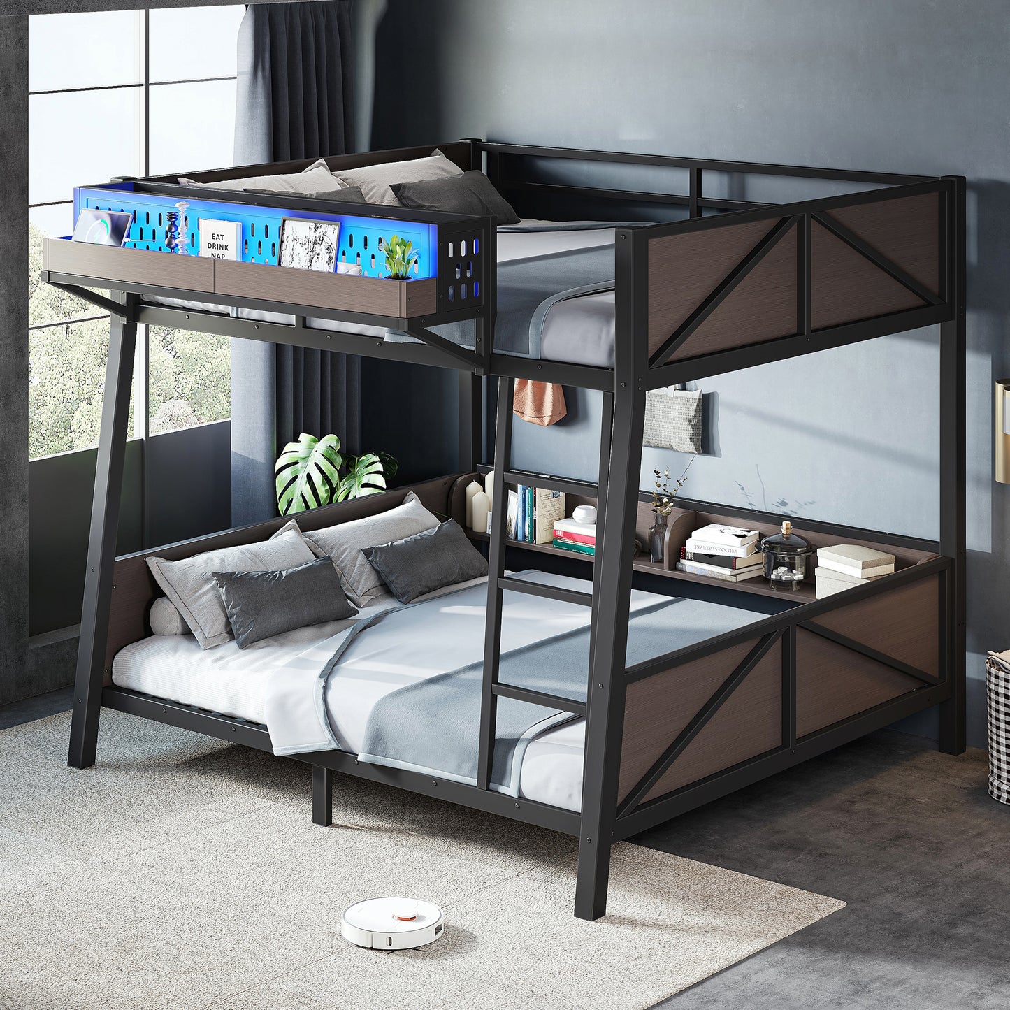 Full Bunk Bed with Storage Shelves,Twin Size Metal Bunk Bed Frame with LED Light and USB Ports For Kids,Teens.Black image 3