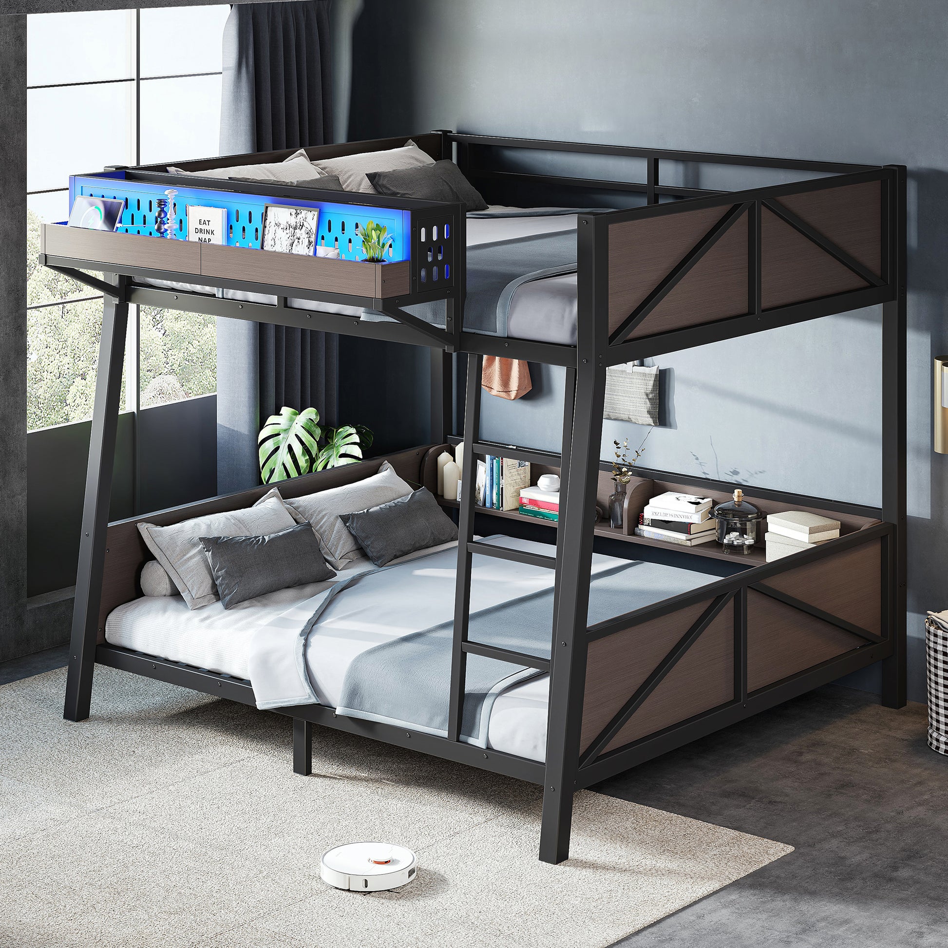 Full Bunk Bed with Storage Shelves,Twin Size Metal Bunk Bed Frame with LED Light and USB Ports For Kids,Teens.Black image 3