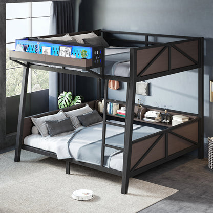 Full Bunk Bed with Storage Shelves,Twin Size Metal Bunk Bed Frame with LED Light and USB Ports For Kids,Teens.Black image 3