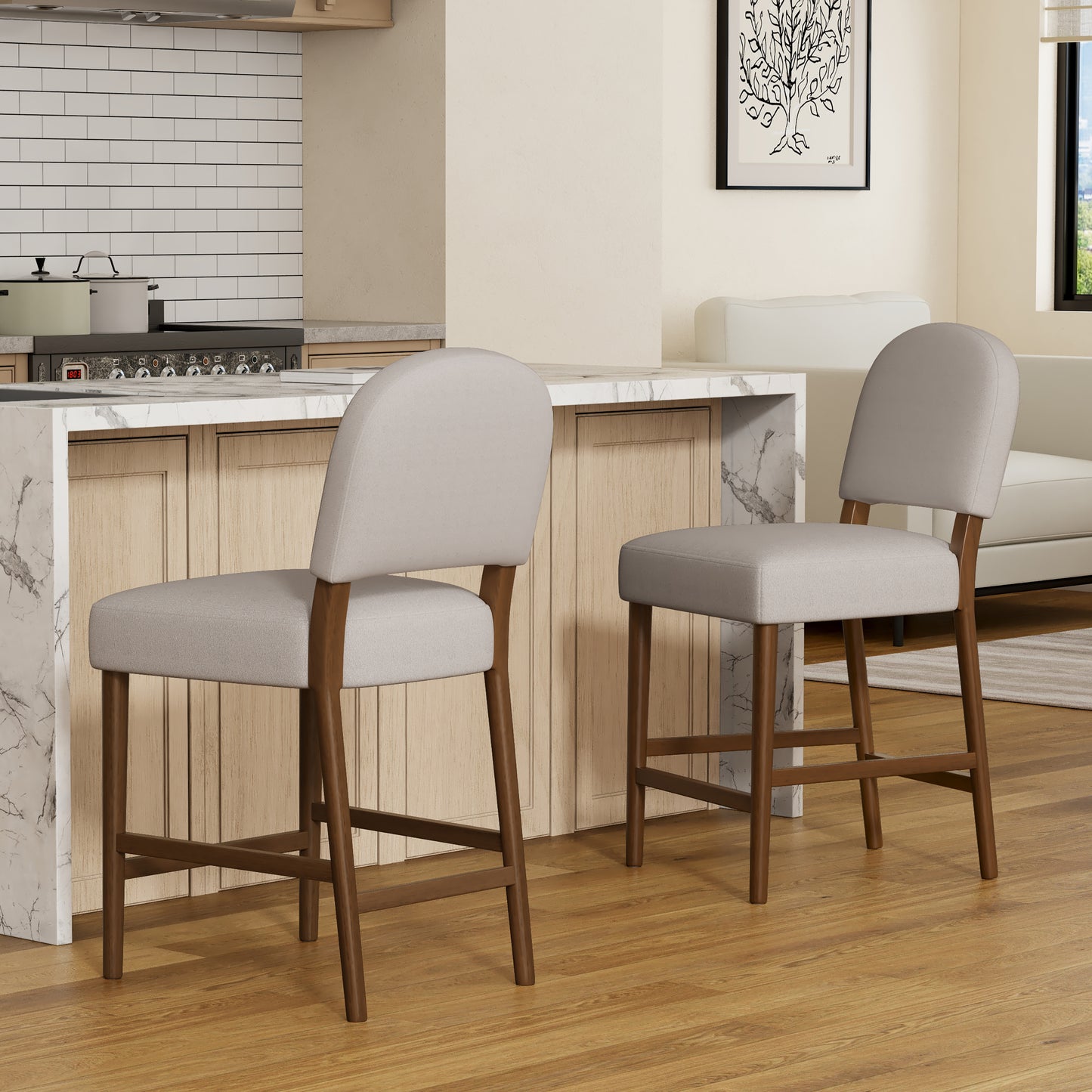 26'' Seat Height Light Gray Fabric & Walnut Rubberwood Bar Stool, Adjustable Floor Leveler, Spacious Seat for Kitchen Island(Light gray,set of 2) image 1