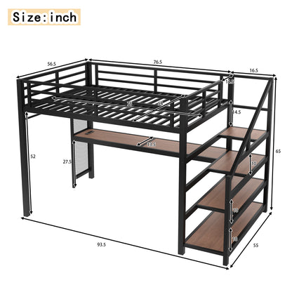 Full Loft Bed with Desk and Storage Stairs, Metal Loft Beds with LED Lights, USB Ports, Multifunctional Iron Nets, No Spring Box Needed and Noise-free, Black image 5