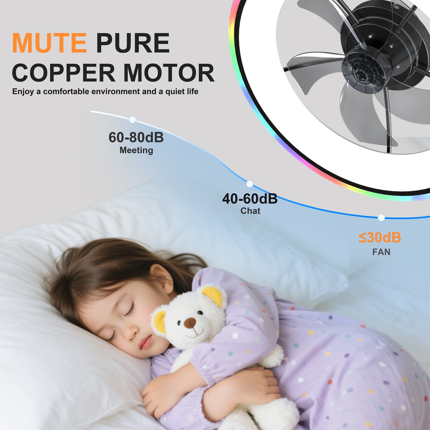 23.6" Modern RGB Ceiling Fan with Lights, Flush Mount Low Profile Fan with Remote & APP, 6-Speed Reversible Silent DC Motor, Dimmable 3000-6500K LED for Bedroom, Black image 4