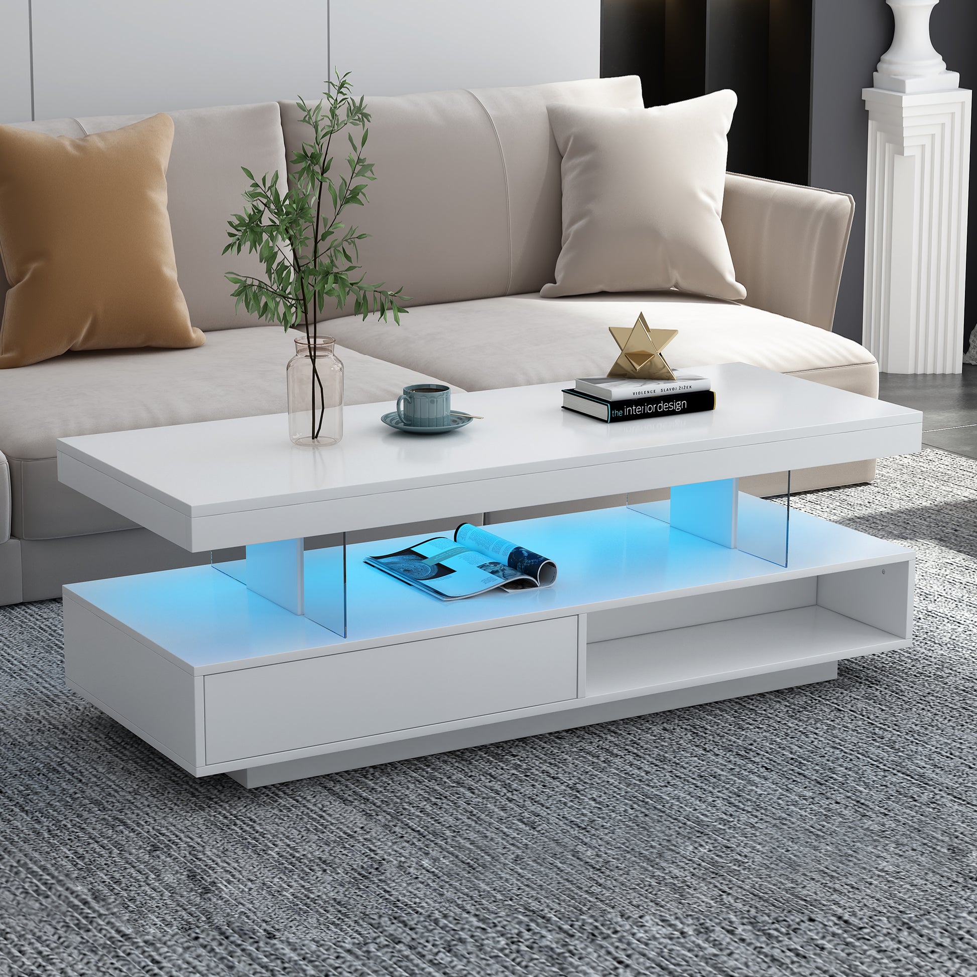 VIBE HAUS LED Coffee Table with Storage, Modern Center Table with 2 Drawers and Display Shelves, Accent Furniture with LED Lights for Living Room,White image 1