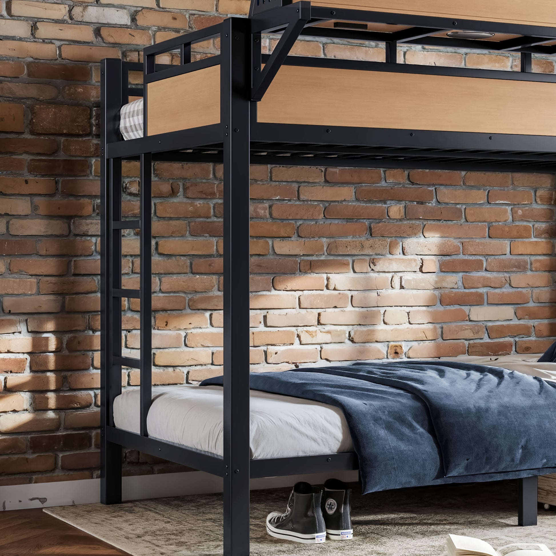 Twin XL over Twin XL Size Metal Bunk Bed with Storage Shelves and Pegboard, Bunk Bed Frame with USB Ports and LED Lights, Space-Saving, for Teens and Adults, Natural image 7