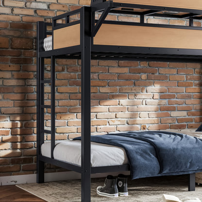 Twin XL over Twin XL Size Metal Bunk Bed with Storage Shelves and Pegboard, Bunk Bed Frame with USB Ports and LED Lights, Space-Saving, for Teens and Adults, Natural image 7