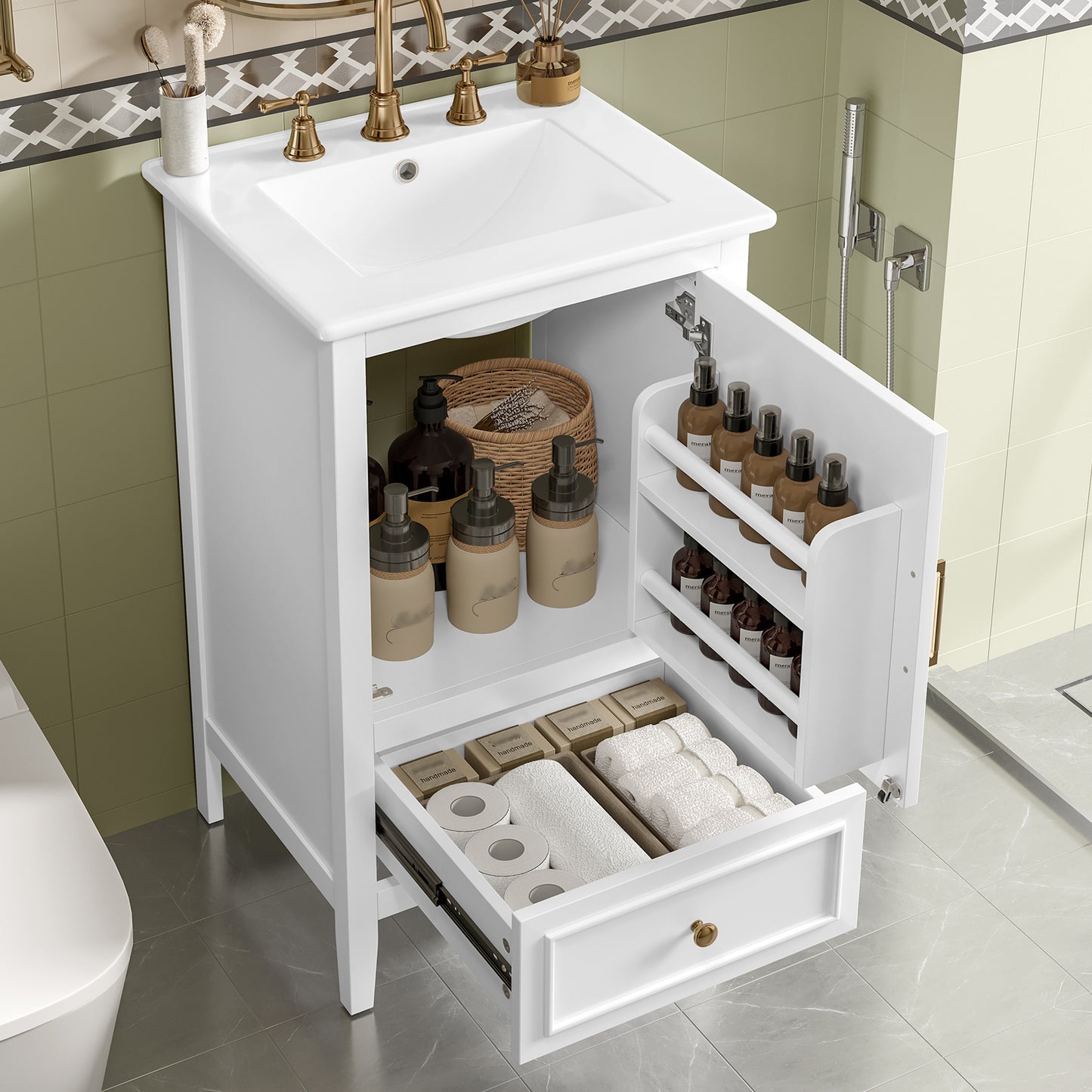 20" Bathroom Vanity with Sink, Bathroom Cabinet with A Door, Door Shelf Storage and Adiustable Foot Pads, A Drawer, White(Old SKU:N725P192821K) image 1