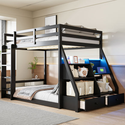 Full Bunk Bed with APP-Controlled LED Lights (7 Colors), USB Ports, Storage Shelves and 2 Drawers, Black image 1