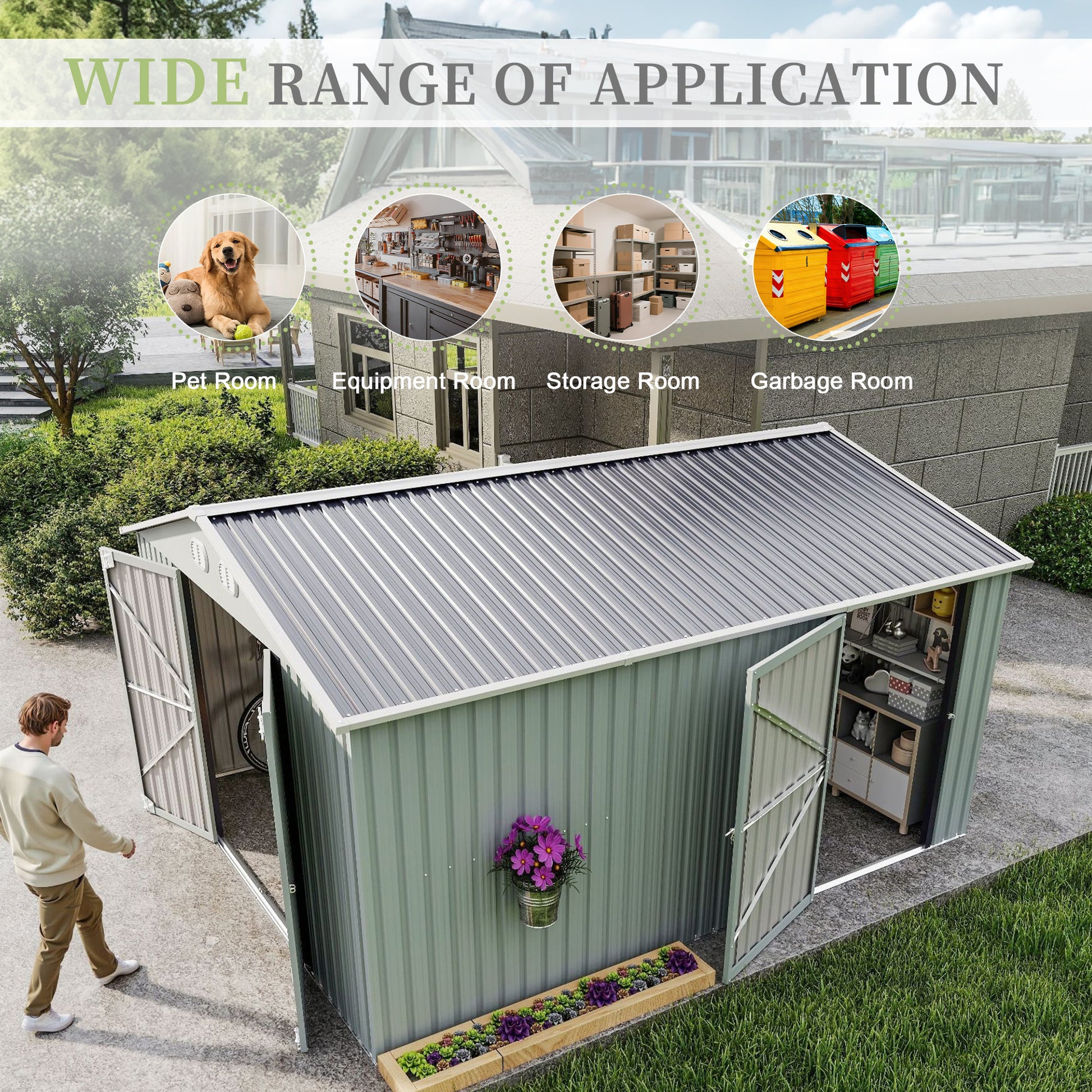 10x12 FT Outdoor Metal Storage Shed, Large Storage Sheds with Sturdy Frame Structure, Metal Garden Tool Shed with Lockable Door for Garden,Gift a foldable flower pot stand, Backyard, WHITE image 6
