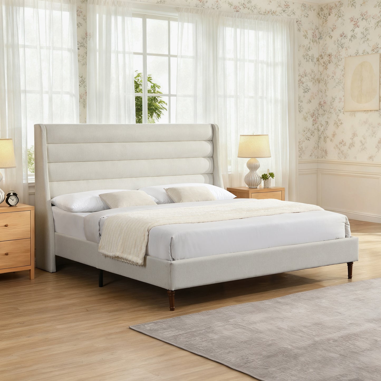 King Size Bed Frame High Headboard Upholstered Platform Bed with Wave - Shaped Headboard, Premium Chenille Fabric, Modern Minimalist Platform Bed No Box Spring Needed, Easy Assembly, Ivory image 6