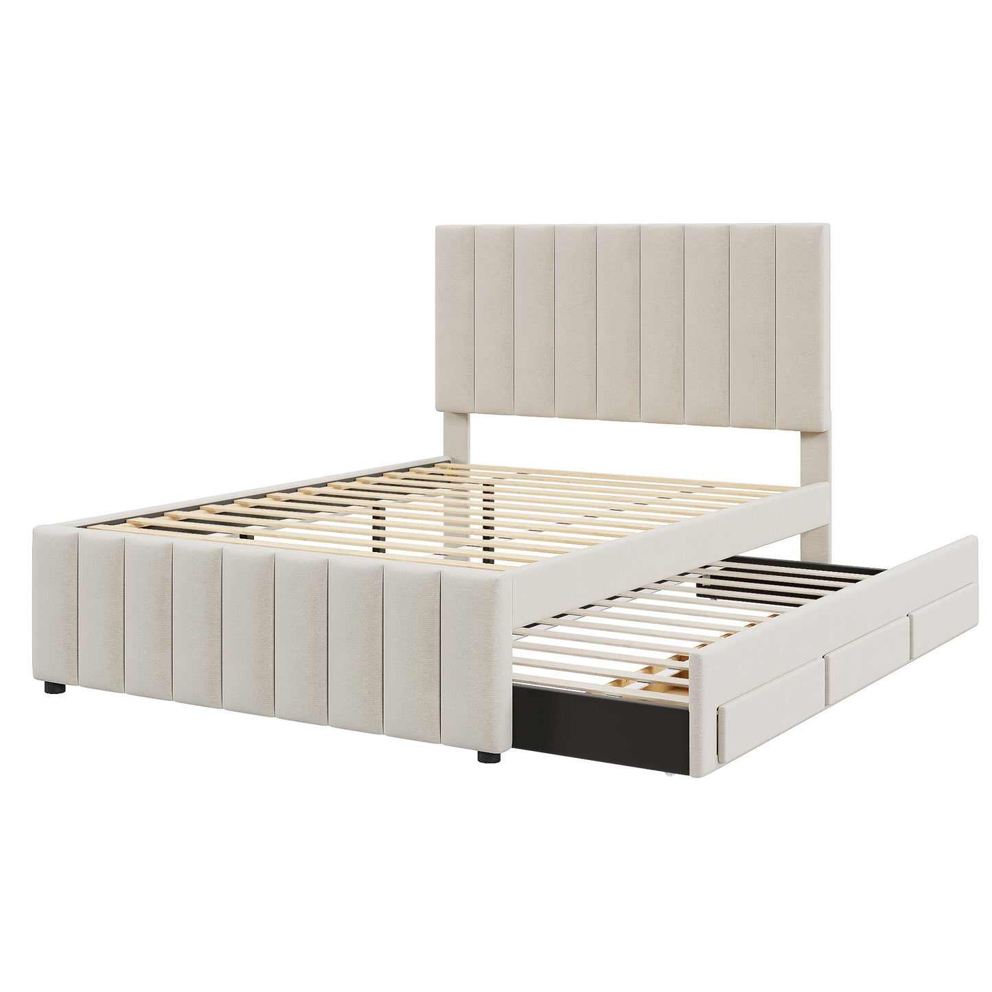 Full Size Upholstered Platform Bed with Twin Size Trundle and 3 Drawers, Linen Fabric, Beige image 9