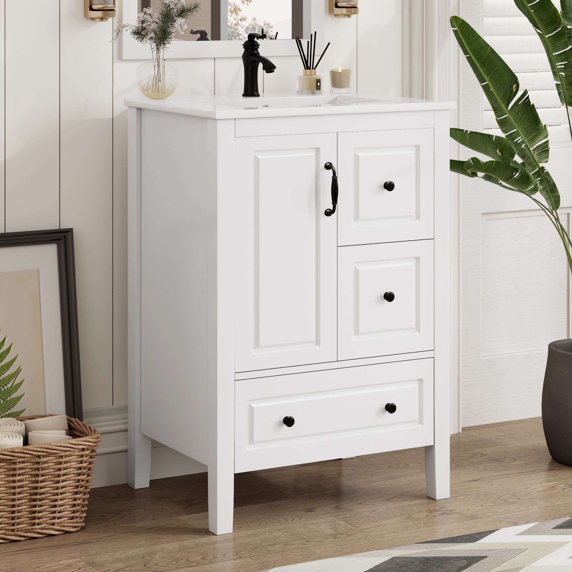 24 inch Bathroom Vanity with Sink, One Cabinet with Soft-closing Door, 3 Soft-closing Drawers, Retro Metal Handles, White image 1